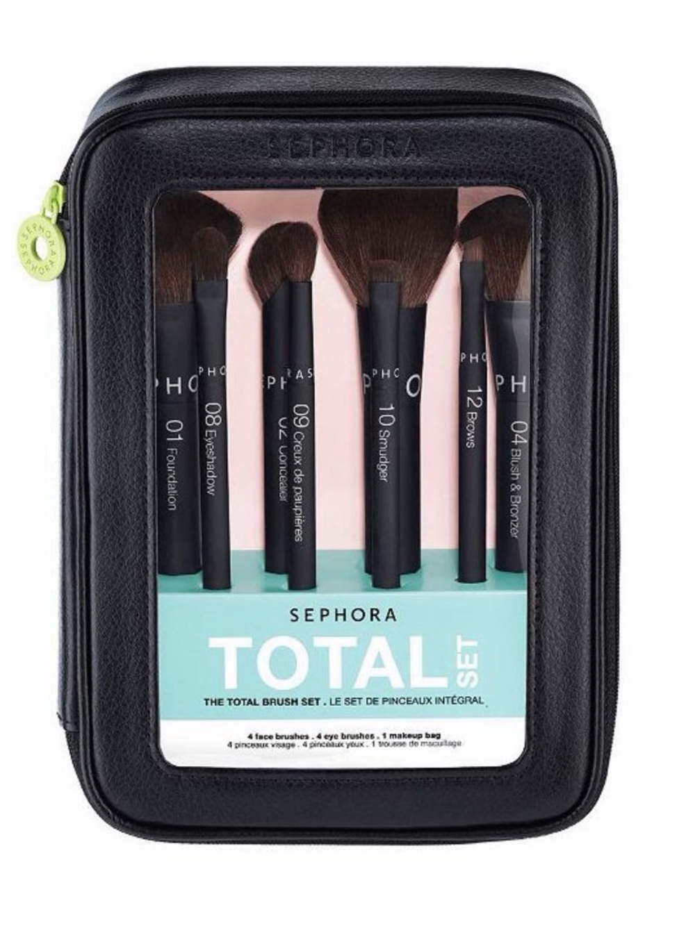 Sephora Makeup Brush Set in Black with Mint and Pink Accents